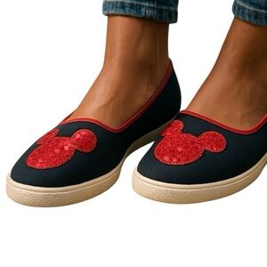Disney Mickey Mouse wedge heel with sequins Mickey on canvas. Red White Navy.